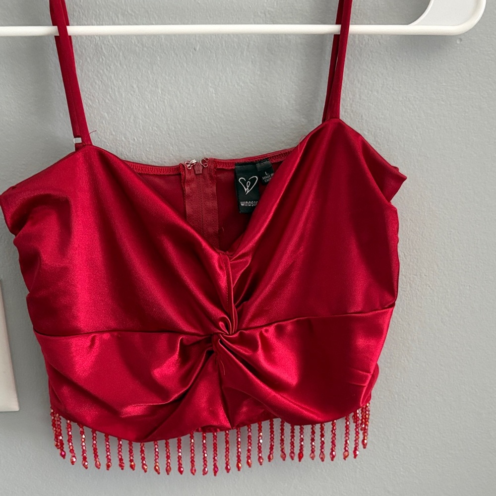 Red Satin Beaded Twist-Front Crop Top - Windsor